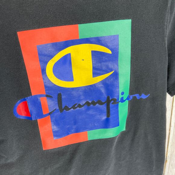 Champion T-Shirt Women Size S Black Colorful Logo Short Sleeve Crew Neck Retro - Picture 3 of 6